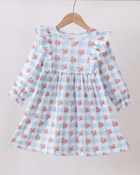 Blue Floral Check Ruffle Dress