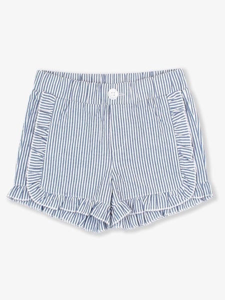 Blue Seersucker Ruffle Trim Woven Shorts