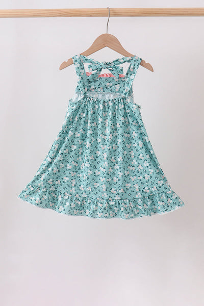 Teal Floral Smocked Ruffle Dress
