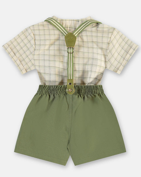 Green Woven Suspender Set: 6-9m