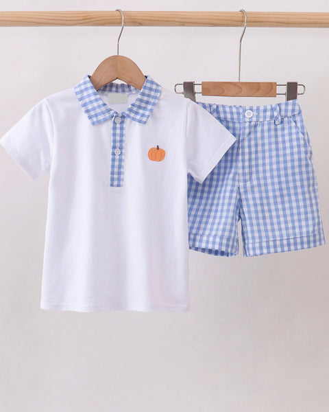 Gingham Pumpkin Embroidery Polo Set
