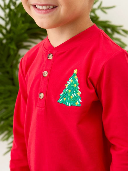 Christmas Tree Embroidered Henley Tee