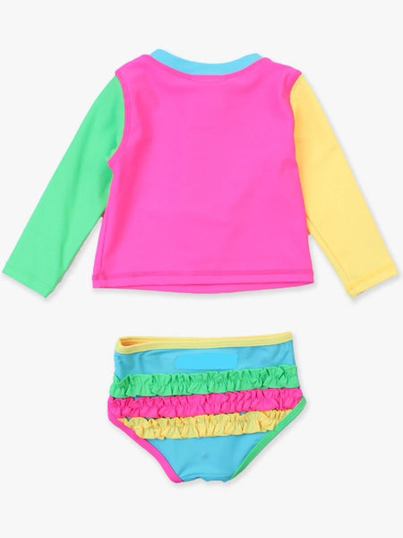 Neon Color Block Long Sleeve Zipper Rash Guard Bikini