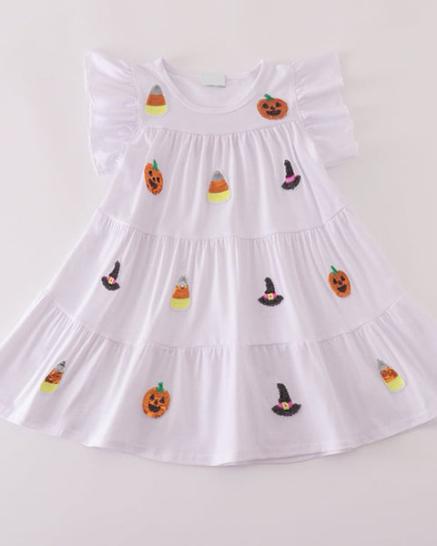 White Trick or Treat Sequin Tiered Ruffle Dress: 8Y