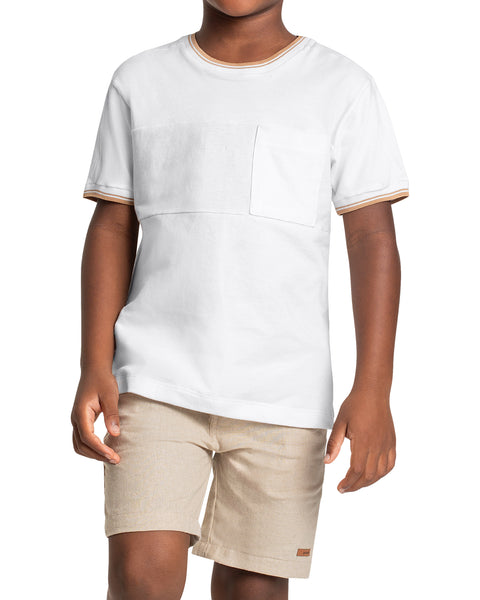 White Piquet T-Shirt with Camel Details