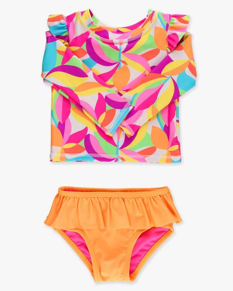 Neon Tropical Rash Guard Skirted 2-Piece Swimsuit