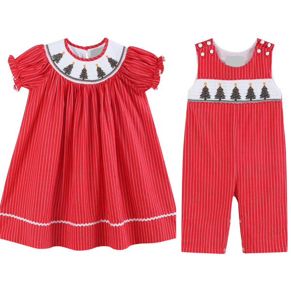 Christmas Tree Stripe Smocked Overalls