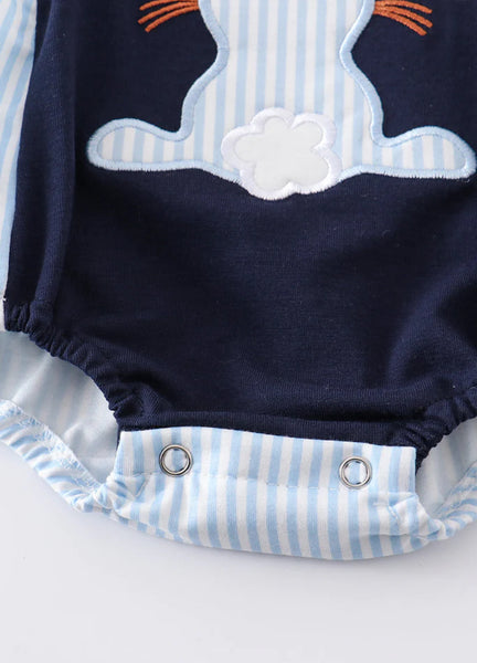 Navy Rabbit Applique Bubble Romper: 12m