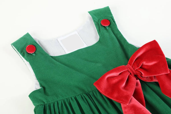 Green Corduroy Big Bow Christmas Dress