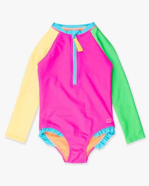 Neon Color Block Long Sleeve Rash Guard Swimsuit