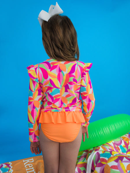 Neon Tropical Rash Guard Skirted 2-Piece Swimsuit