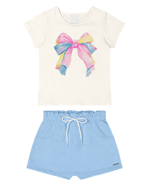 Rhinestones Bow Light Blue Skort Set