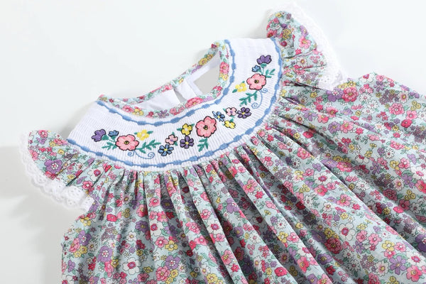 Flower Embroidered Smocked Dress