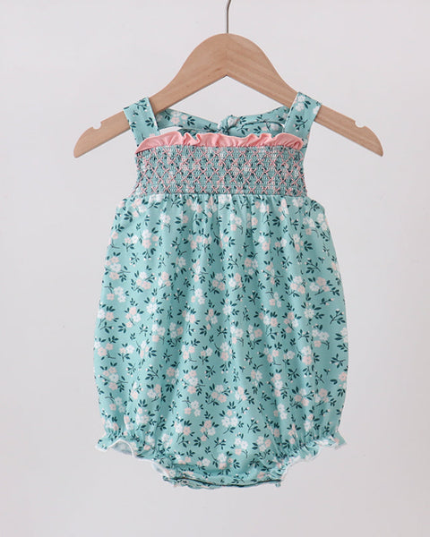 Teal Floral Smocked Ruffle Bubble Romper