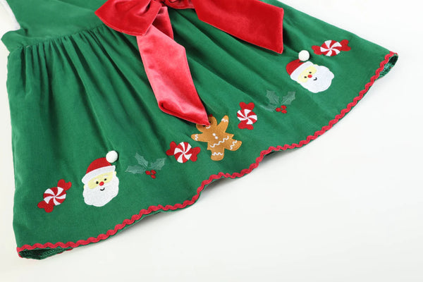 Green Corduroy Big Bow Christmas Dress