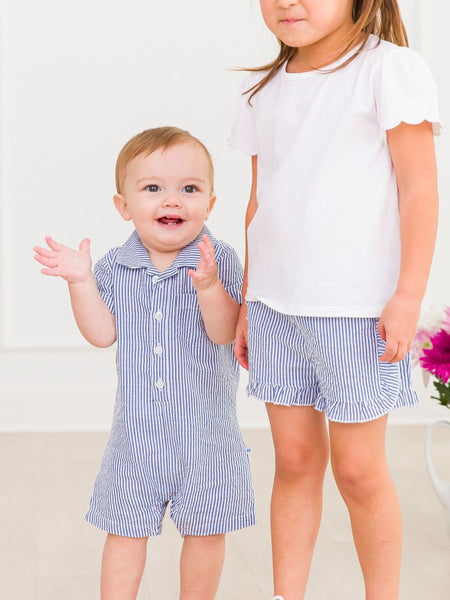 Blue Seersucker Ruffle Trim Woven Shorts