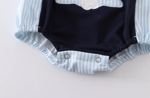 Navy Rabbit Applique Bubble Romper: 12m