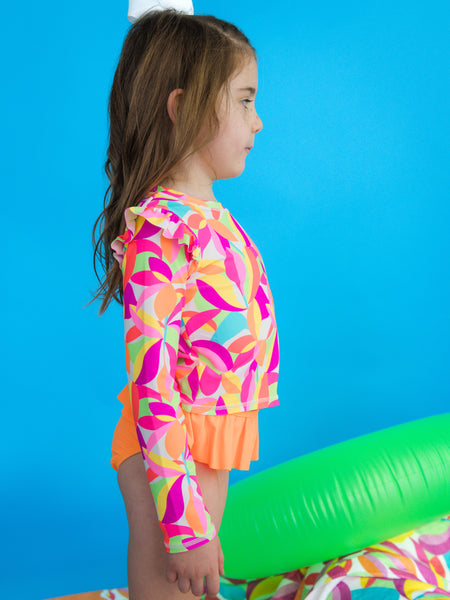 Neon Tropical Rash Guard Skirted 2-Piece Swimsuit