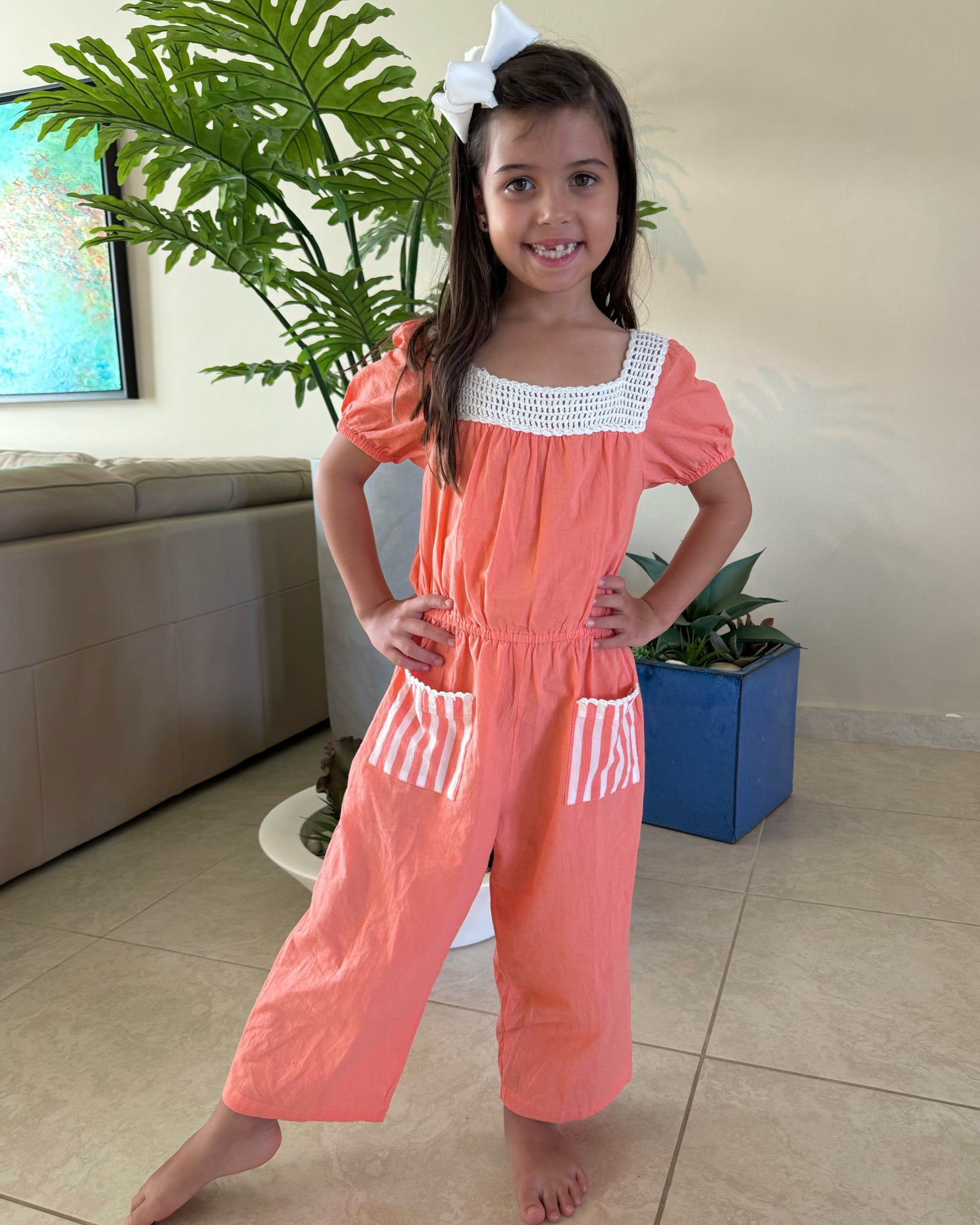 Light Coral Stripe Crochet Jumpsuit