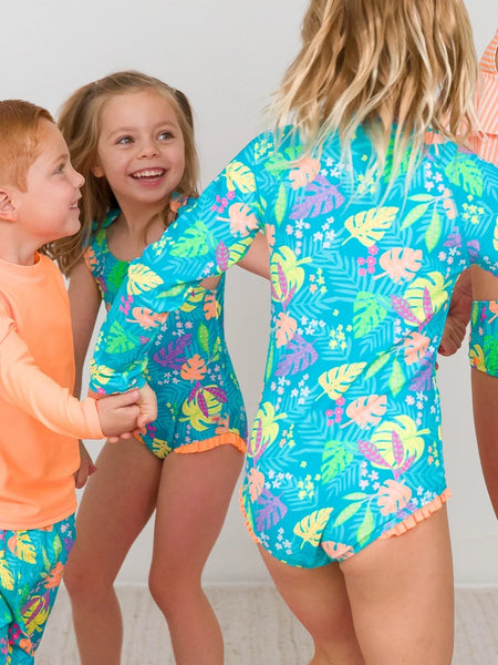 Vibrant Tropical Long Sleeve Rash Guard Swimsuit