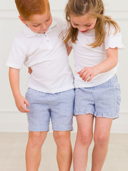 Blue Seersucker Ruffle Trim Woven Shorts