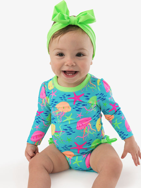 Neon Jellyfish & Starfish Long Sleeve One Piece Rash Guard