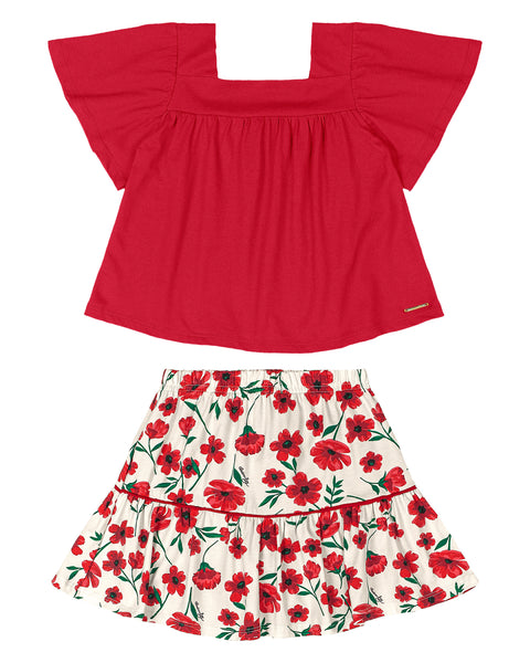 Red Floral Skirt Set