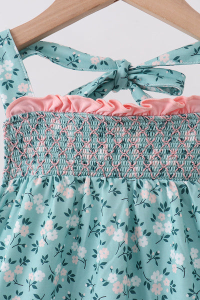 Teal Floral Smocked Ruffle Dress