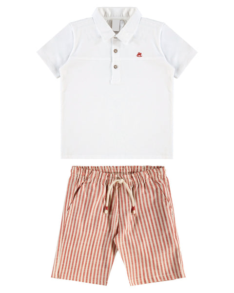 Red Yarn Dyed Woven Polo Set: 12Y