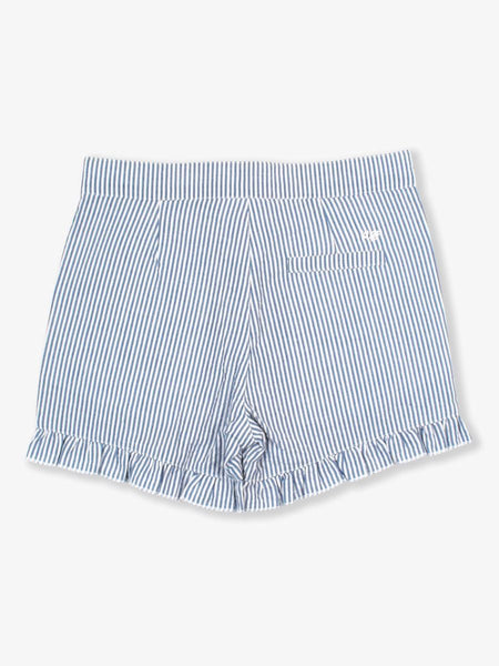 Blue Seersucker Ruffle Trim Woven Shorts