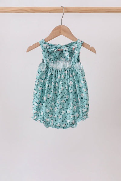 Teal Floral Smocked Ruffle Bubble Romper