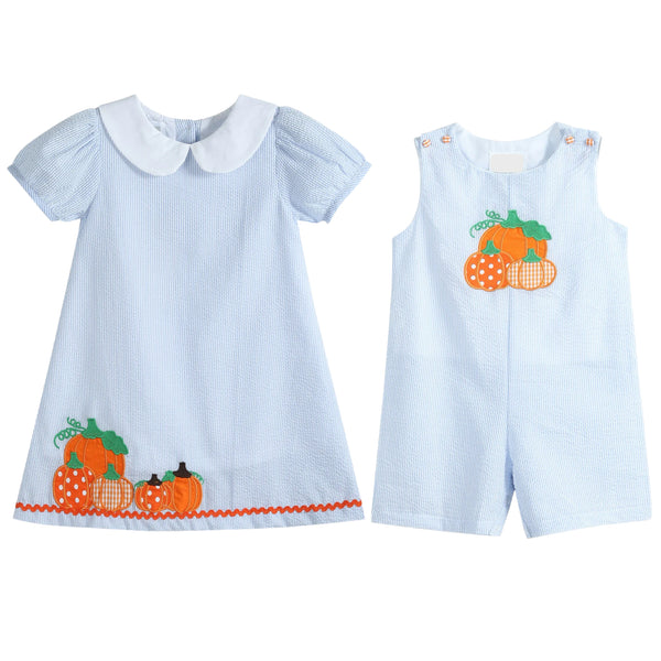 Blue Seersucker Pumpkin Shortalls