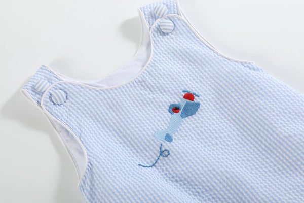 Blue Seersucker Airplane Bubble Romper: 12-18m