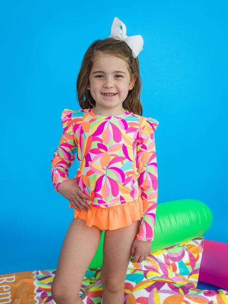 Neon Tropical Rash Guard Skirted 2-Piece Swimsuit