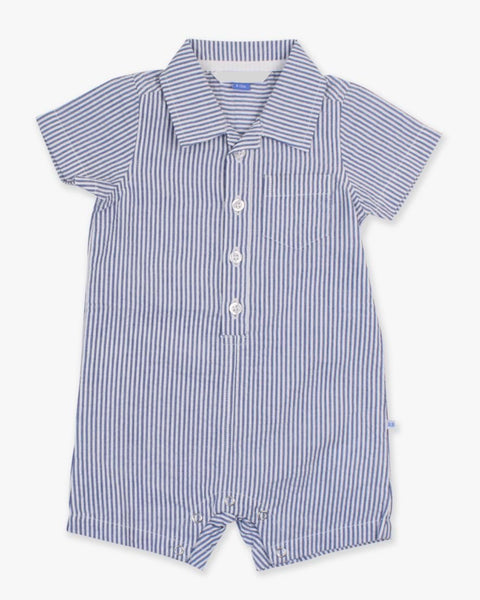 Blue Seersucker Button-Up Romper