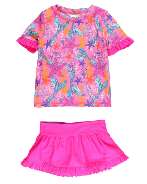 Mermaid Shimmer Rash Guard Skirted 2-Piece Swimsuit