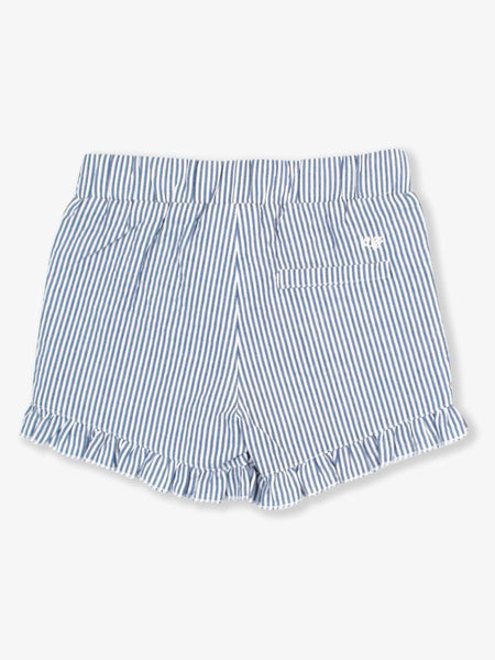 Blue Seersucker Ruffle Trim Woven Shorts