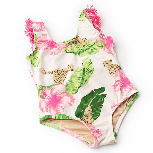 Botanical Leaves Fringe Back One Piece Swimsuit