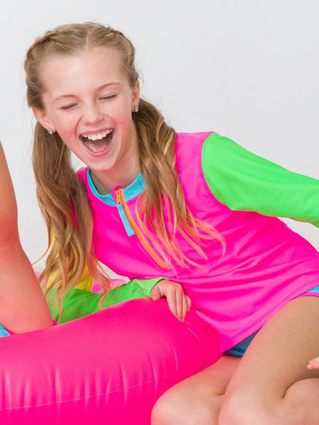 Neon Color Block Long Sleeve Zipper Rash Guard Bikini (Pre - Teen)