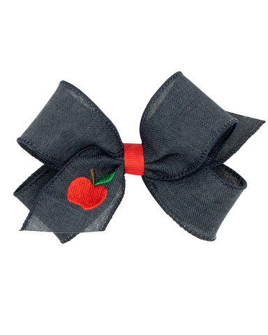 Navy Linen Hair Bow with Apple Embroidery