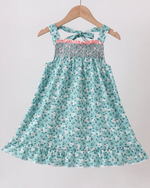 Teal Floral Smocked Ruffle Dress