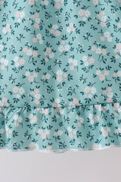 Teal Floral Smocked Ruffle Dress