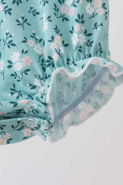 Teal Floral Smocked Ruffle Bubble Romper