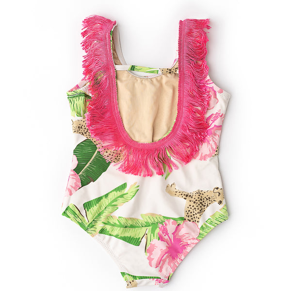 Botanical Leaves Fringe Back One Piece Swimsuit