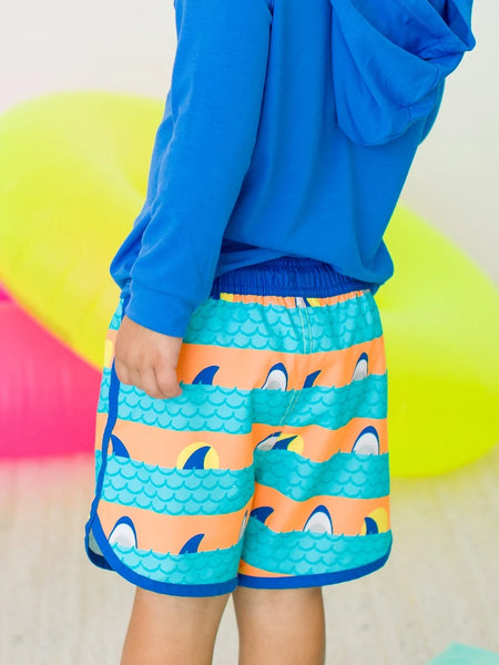 Neon Blue Shark & Stripes Swim Trunk