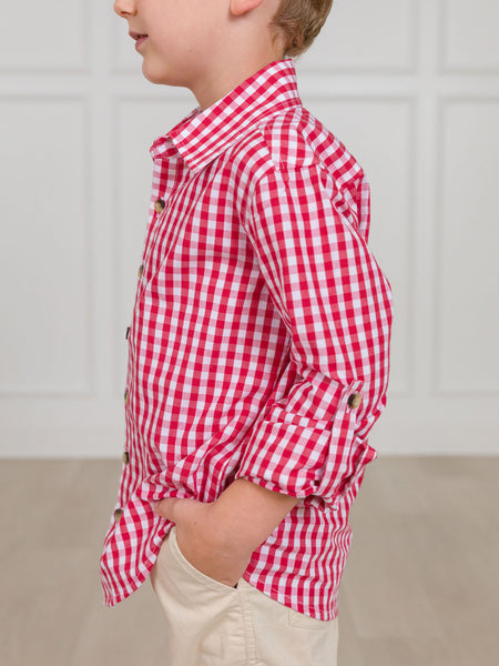 Red Gingham Long Sleeve Button Down Shirt