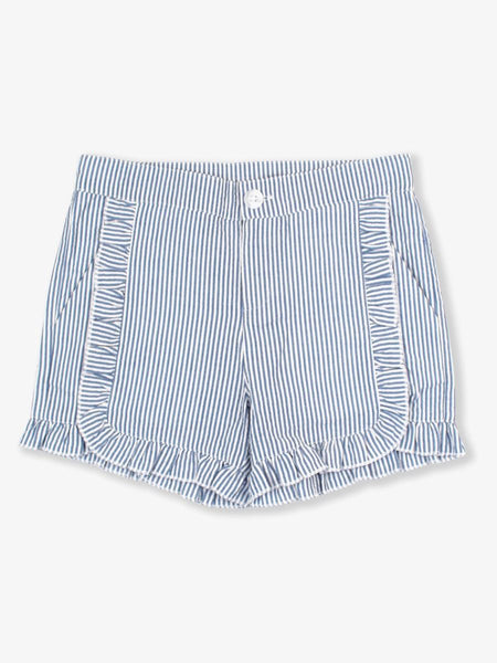 Blue Seersucker Ruffle Trim Woven Shorts