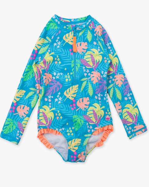 Vibrant Tropical Long Sleeve Rash Guard Swimsuit