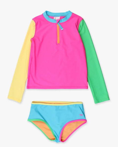 Neon Color Block Long Sleeve Zipper Rash Guard Bikini (Pre - Teen)