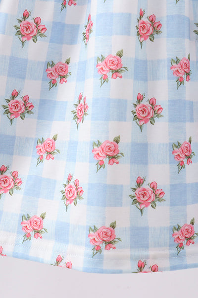 Blue Floral Check Ruffle Dress